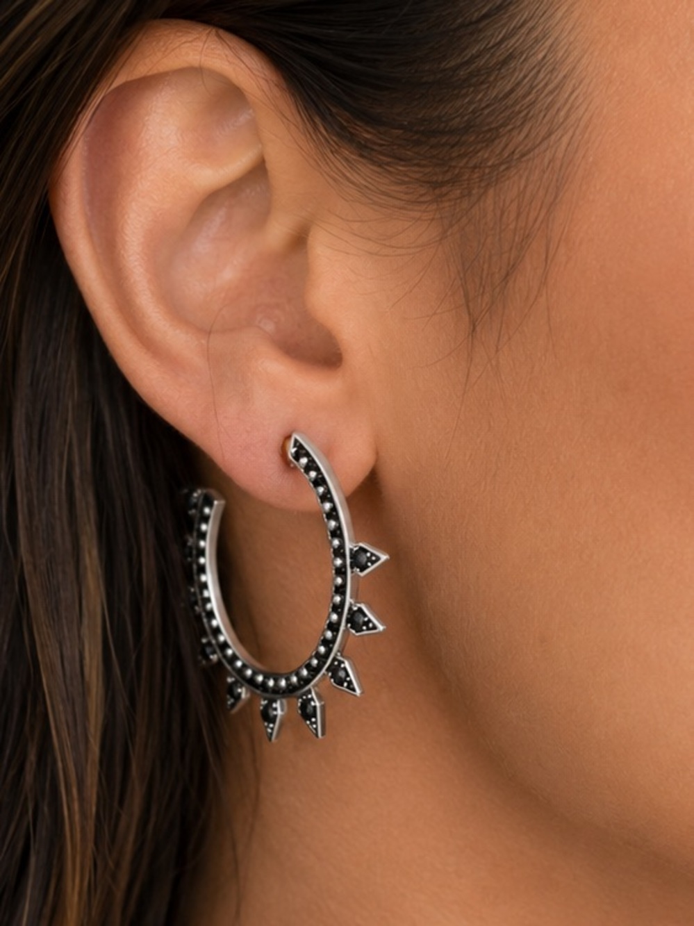 NEW - Freedom at Topshop Silver & Black Rhinestone Spike Hoop Glam Punk Earrings